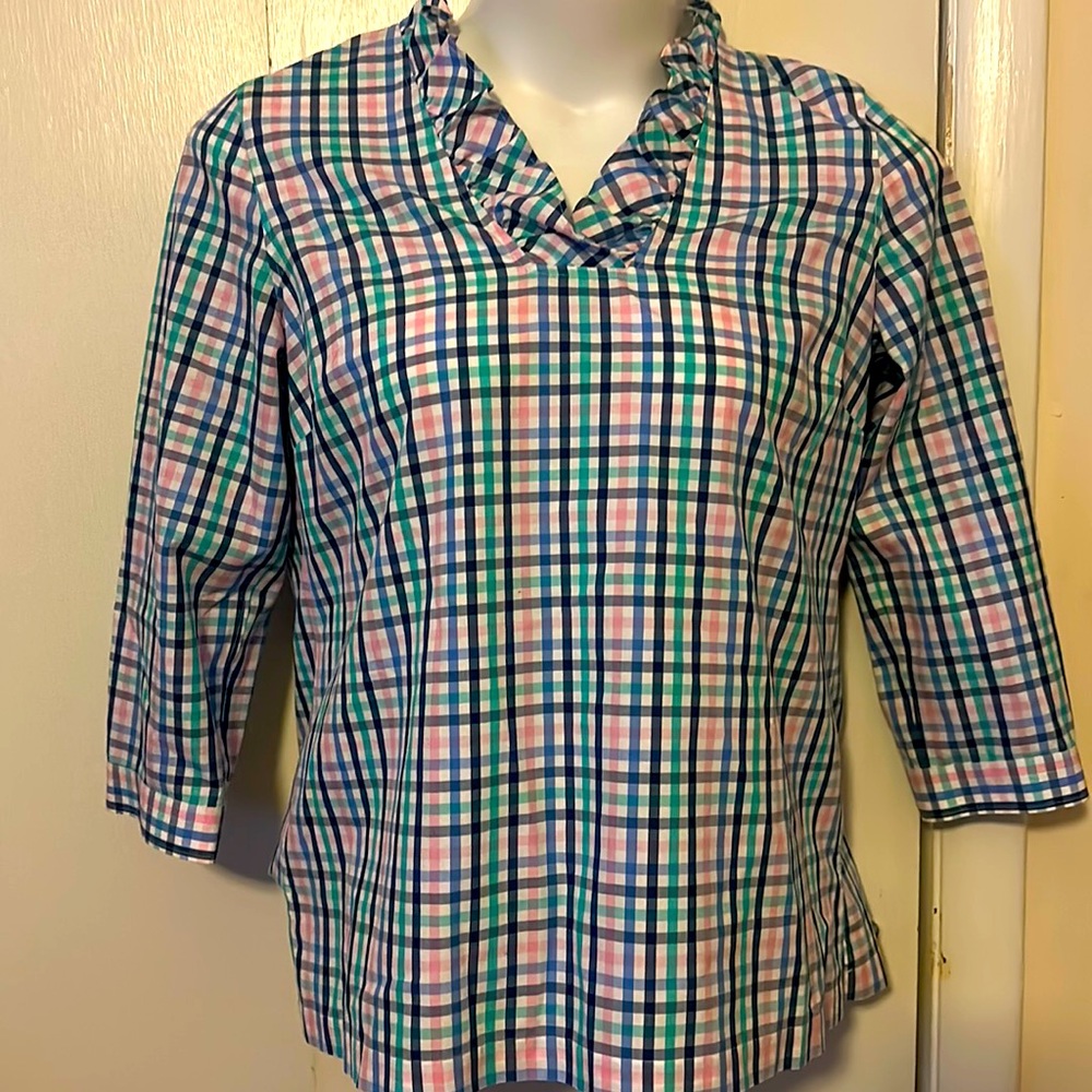 COPY - Talbots Non Iron Plaid Ruffle V Neckline Blouse Tunic Size 10